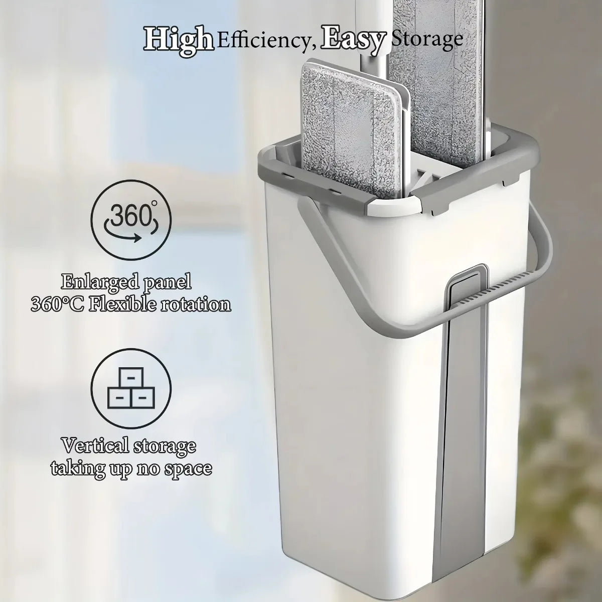 flat mop and bucket set with wringer featuring 360° swivel head, hands-free wash and wring sections for easy floor cleaning