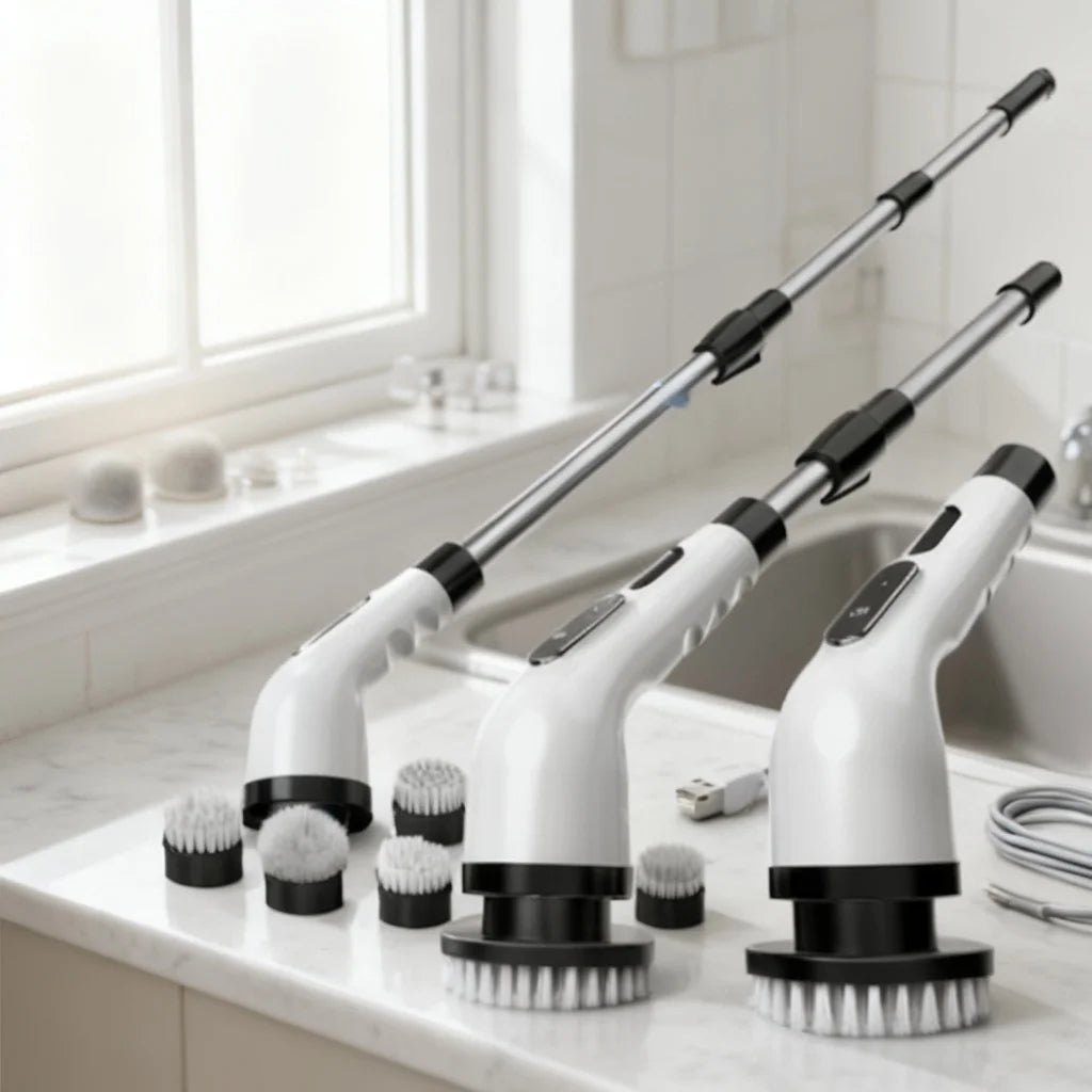cordless spin scrubber with extendable handle showing white units with extended telescopic handles and multiple brush attachments on bathroom counter