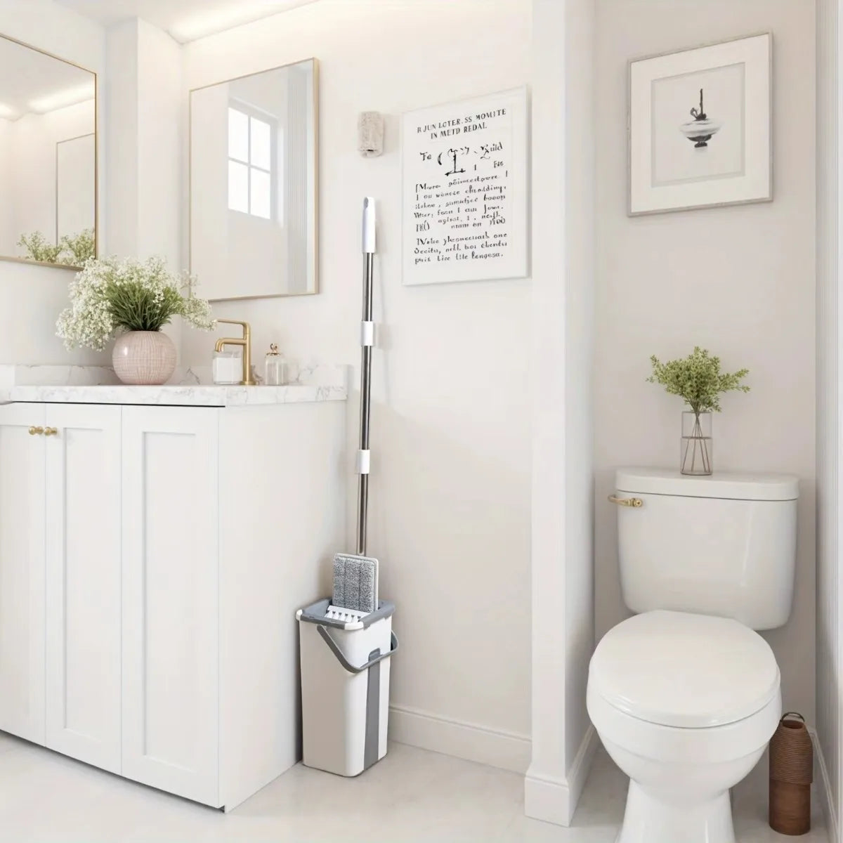 flat mop and bucket set with wringer in modern bathroom with hands-free cleaning design