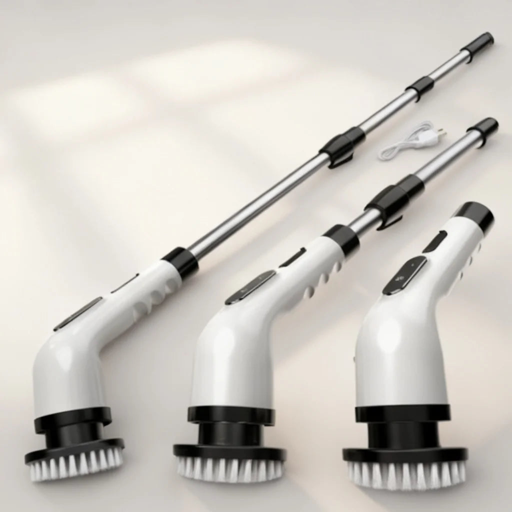 cordless spin scrubber with extendable handle showing telescopic reach and rotating brush heads for effortless bathroom cleaning