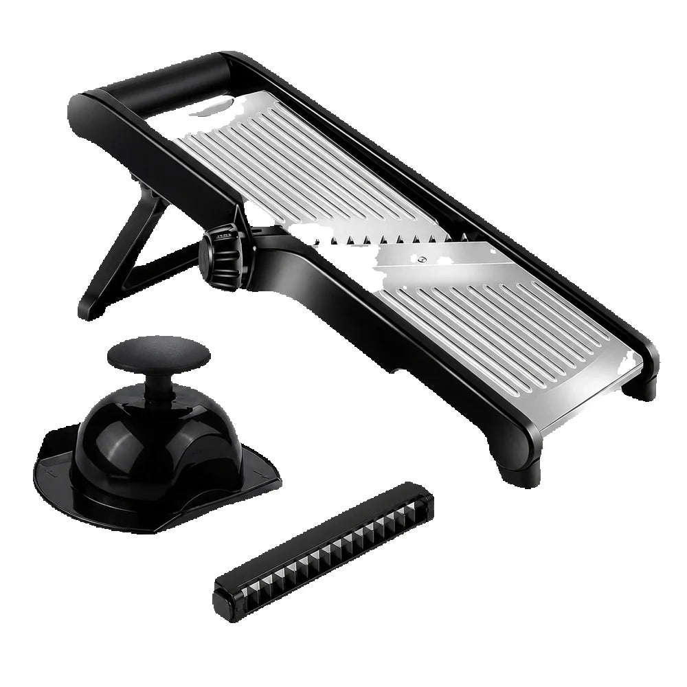 Adjustable mandoline slicer with food holder featuring multiple blade settings for consistent vegetable slicing and julienne cuts