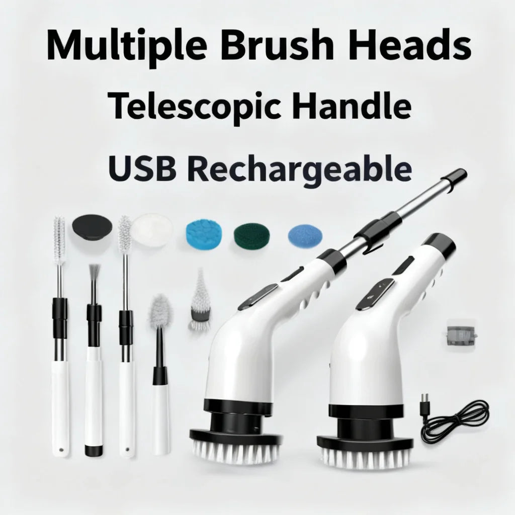 cordless spin scrubber with extendable handle showing multiple brush heads, telescopic handle, and USB rechargeable components