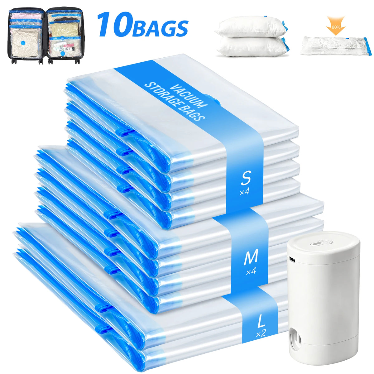 vacuum storage bags with rechargeable pump 10-pack set showing three sizes with white rechargeable pump