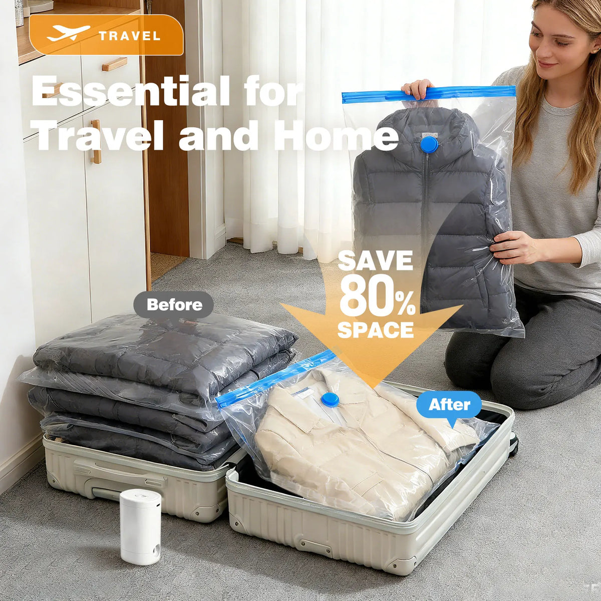 Woman using vacuum storage bags with rechargeable pump to compress winter coats in luggage