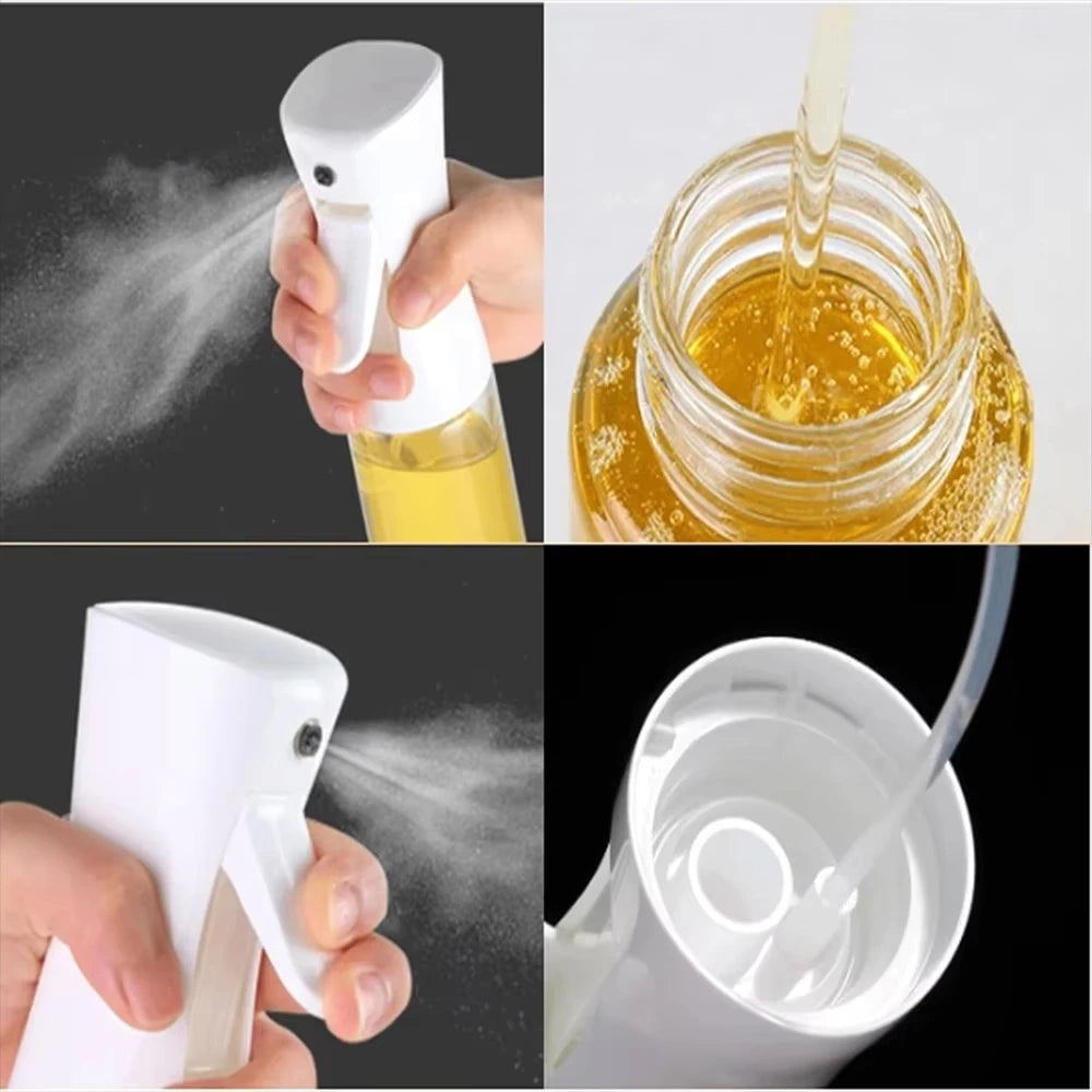 glass olive oil sprayer with 200 mL capacity shown spraying evenly and storing golden oil for convenient kitchen cooking