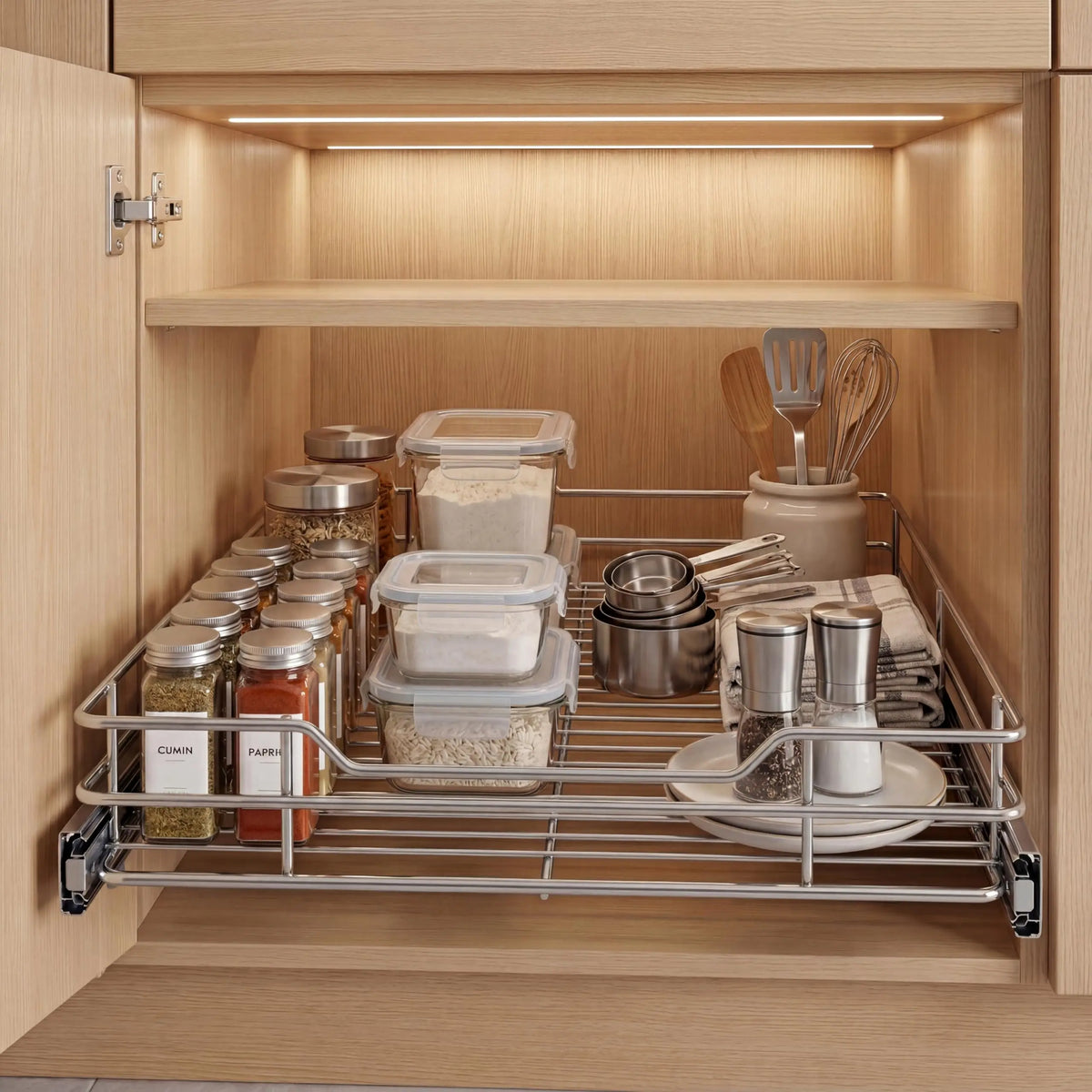 pull-out cabinet organizer displaying organized kitchen items including storage containers, spices, and cookware inside wooden cabinet