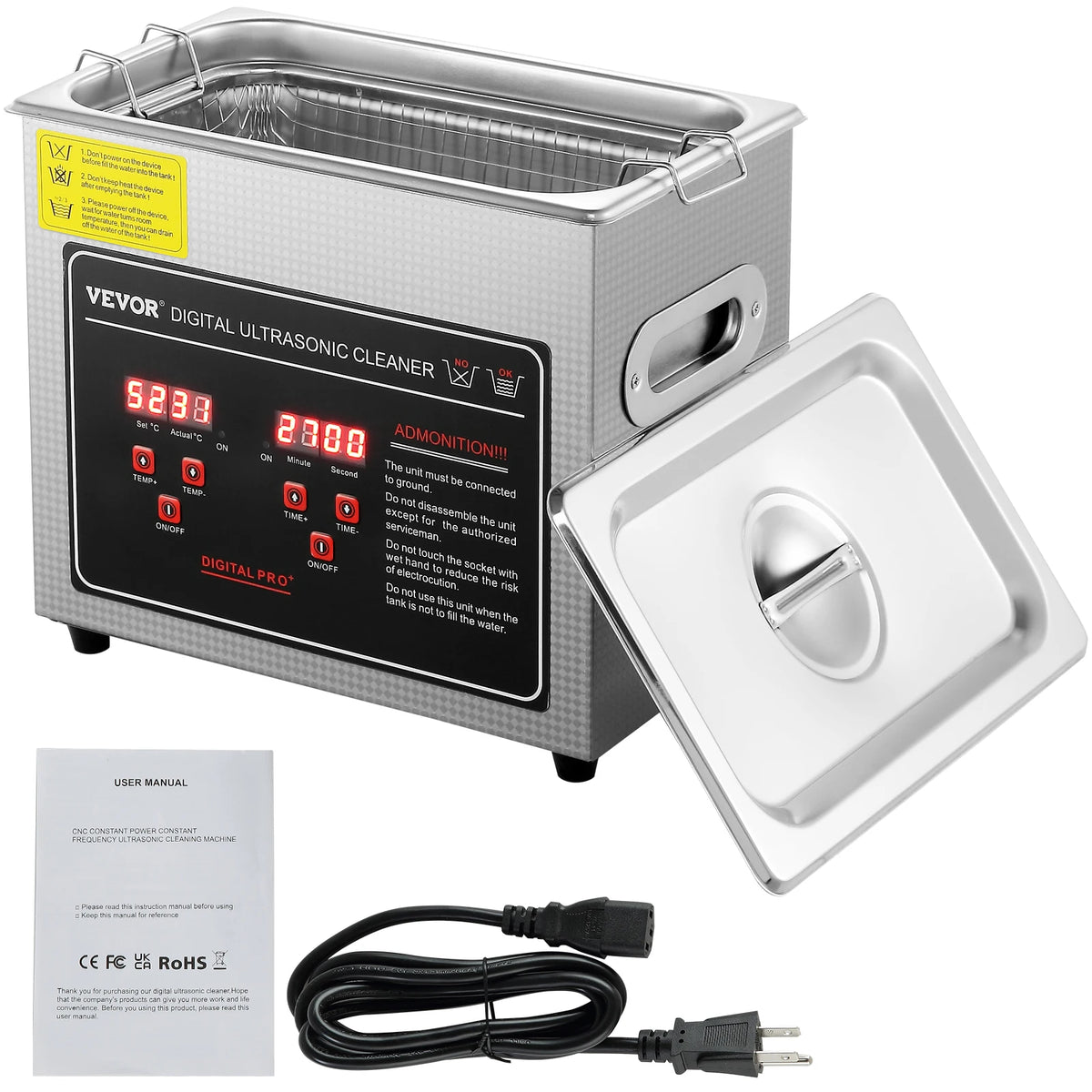 digital ultrasonic cleaner for jewelry with stainless steel tank, digital display, heated settings, lid and power cord