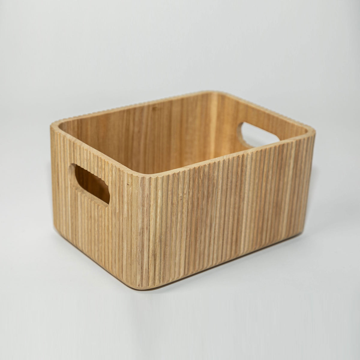 Small natural wooden ribbed storage bin