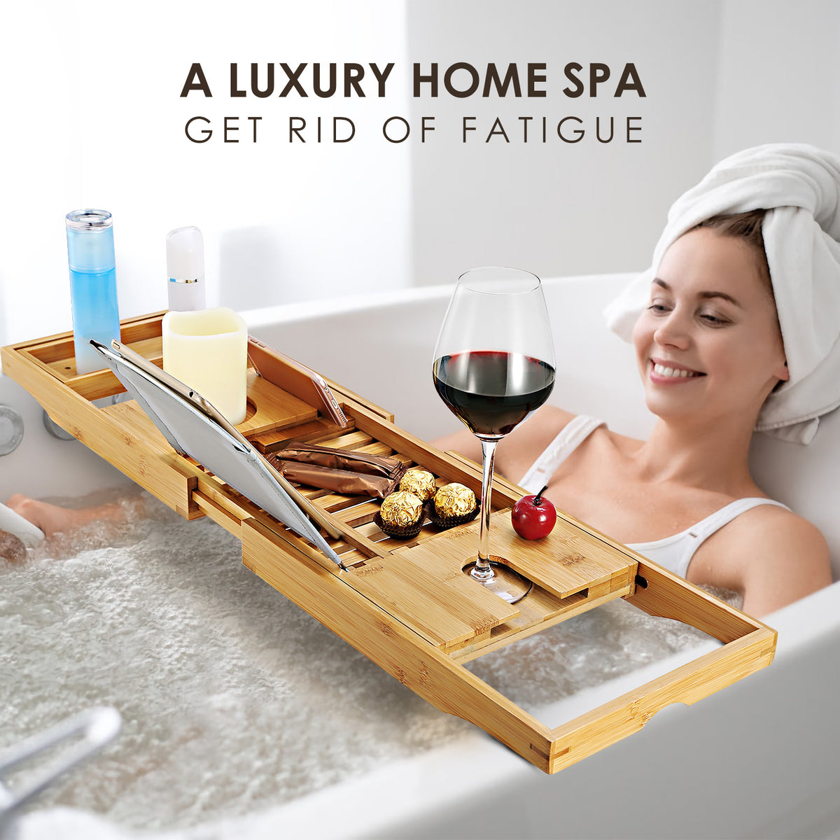 bamboo bathtub caddy with book holder featuring drink and toiletry storage for relaxing bath time