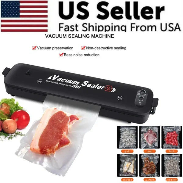 automatic vacuum sealer machine for food storage with US seller badge and fresh vegetables