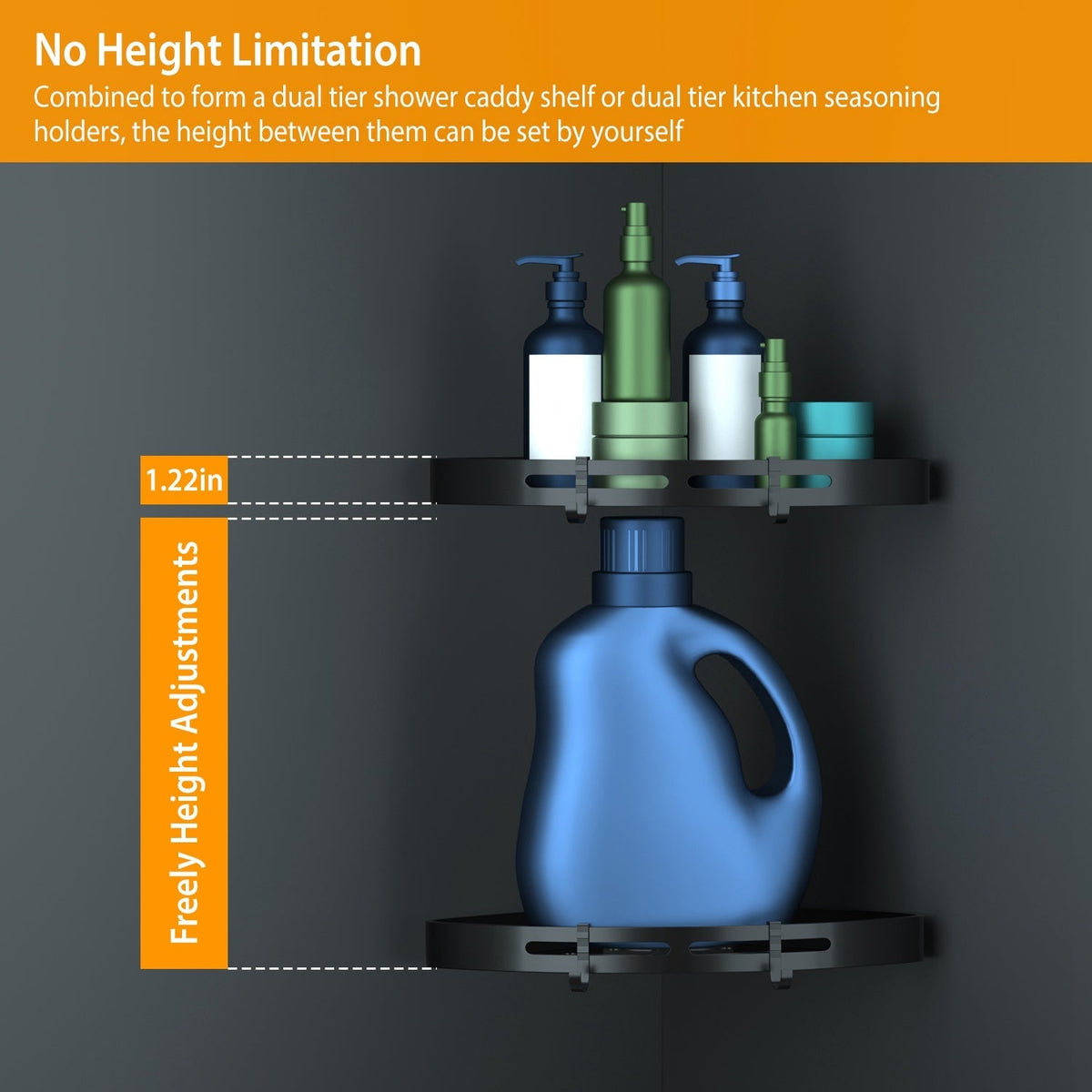 no-drill corner shower shelves with adjustable height storing bottles and detergent