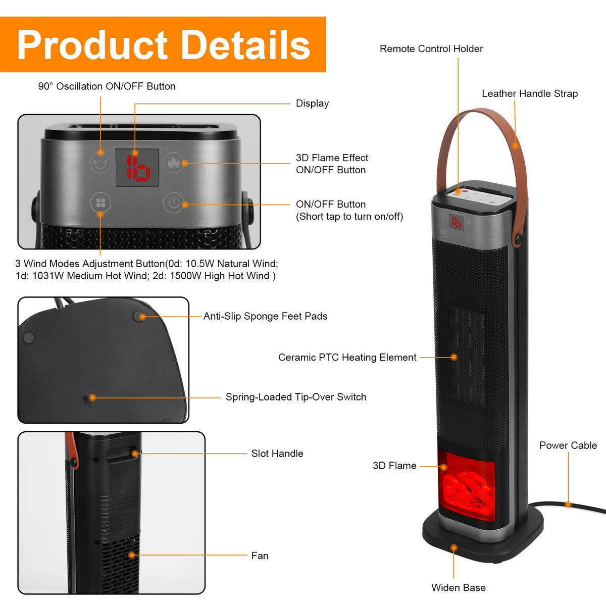 1500W ceramic tower heater with remote control featuring 3D flame effect, 90° oscillation, and remote control holder