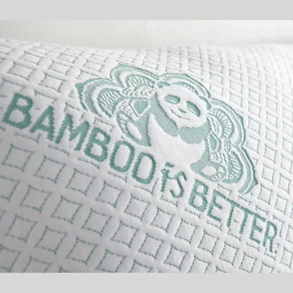 Adjustable bamboo cooling pillow featuring a bamboo logo that says 'Bamboo's Better' on the fabric.