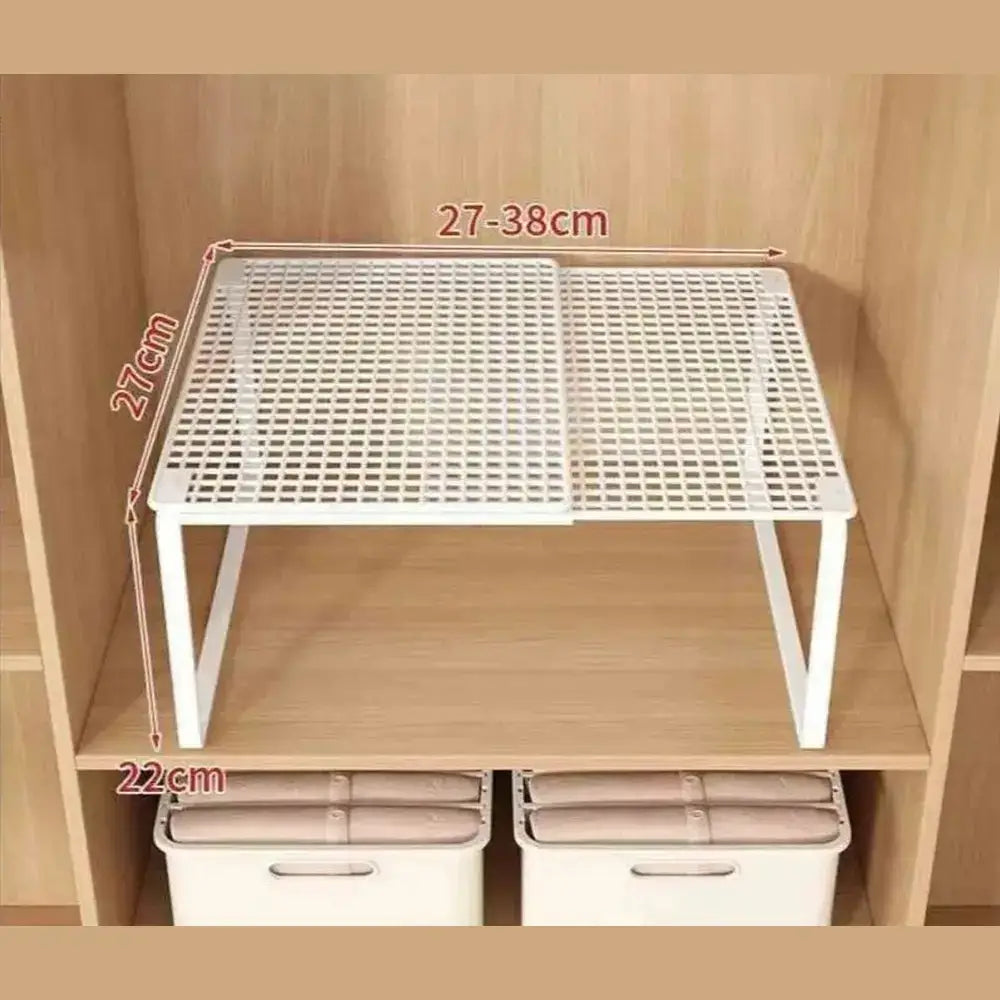 Adjustable closet shelf organizer displayed in a wardrobe, showcasing size dimensions for easy installation.
