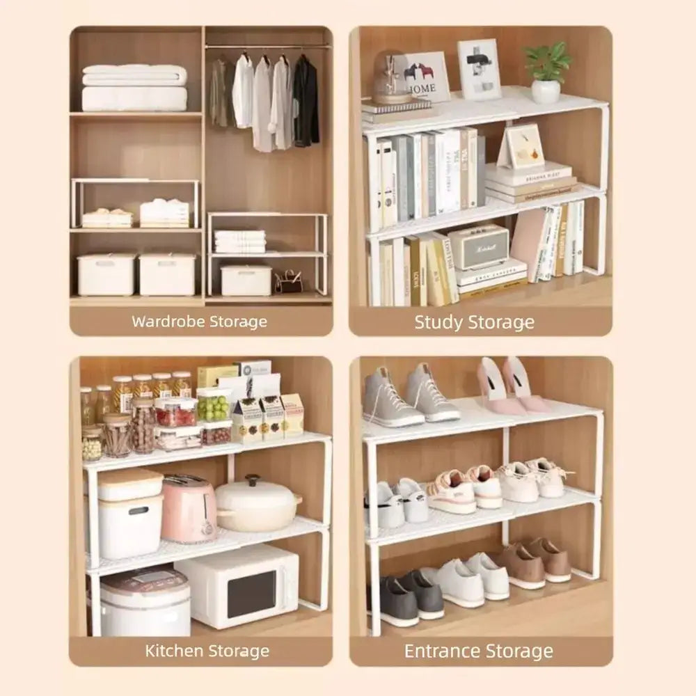 Close-up of the adjustable closet shelf organizer's carbon steel shelf brackets.