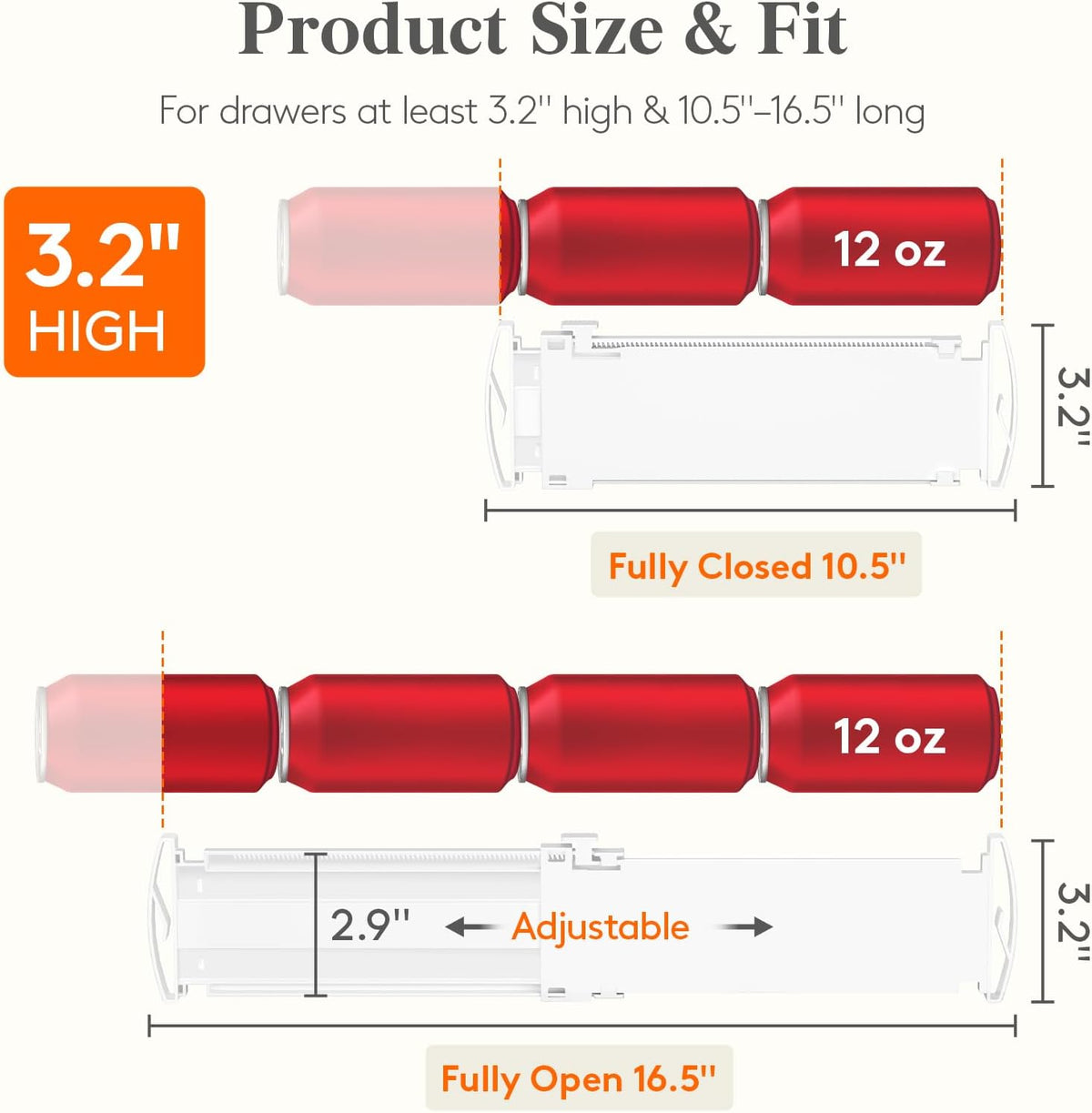 adjustable drawer dividers size and fit chart showing 3.2 inch height, 10.5 to 16.5 inch length range