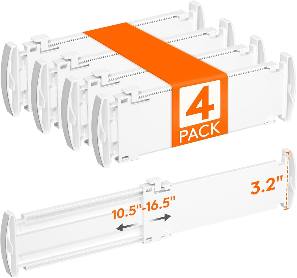 Adjustable drawer dividers 4-piece set with white dividers and orange packaging showing dimensions