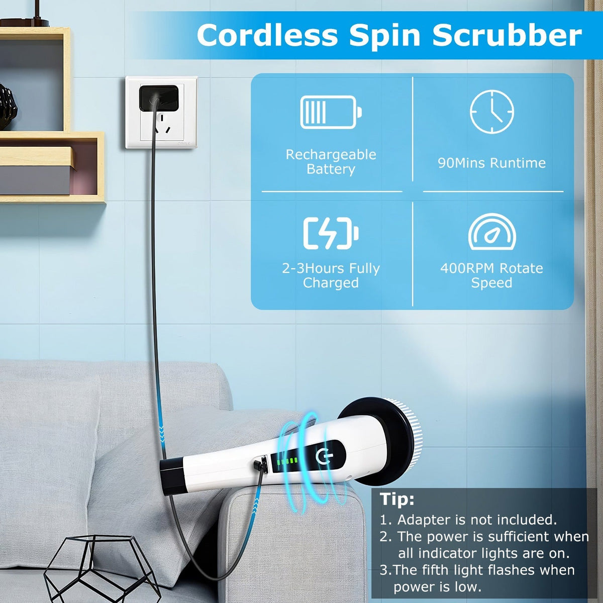 electric spin scrubber with long handle showing cordless rechargeable battery, 90-minute runtime, and 400RPM rotation speed