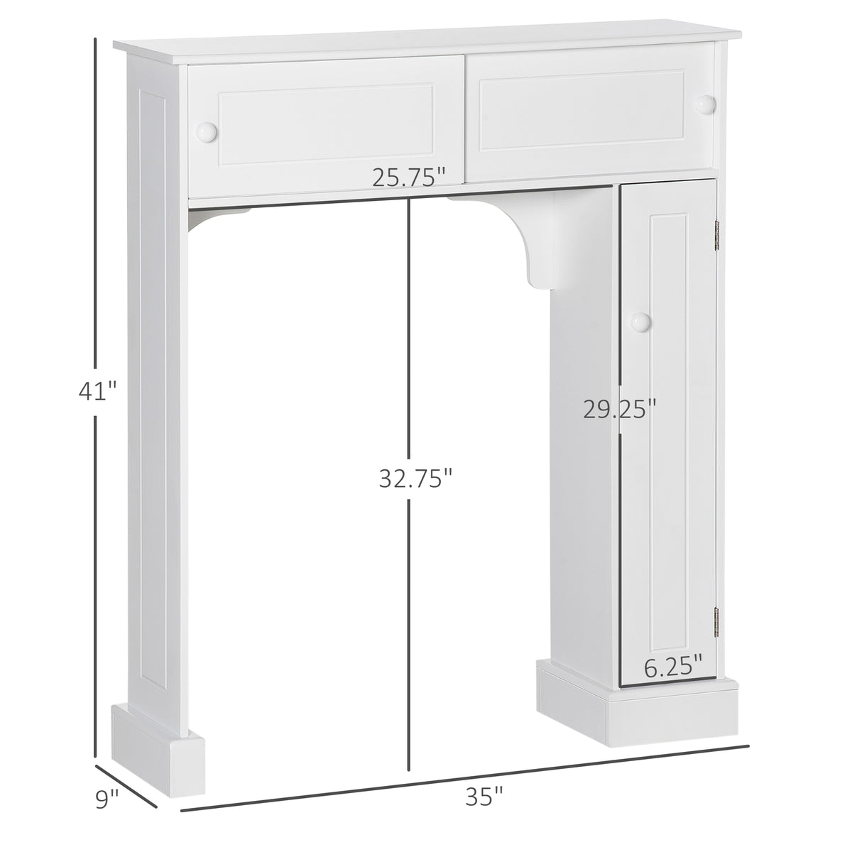 White over-the-toilet storage cabinet with sliding doors and open shelves above toilet