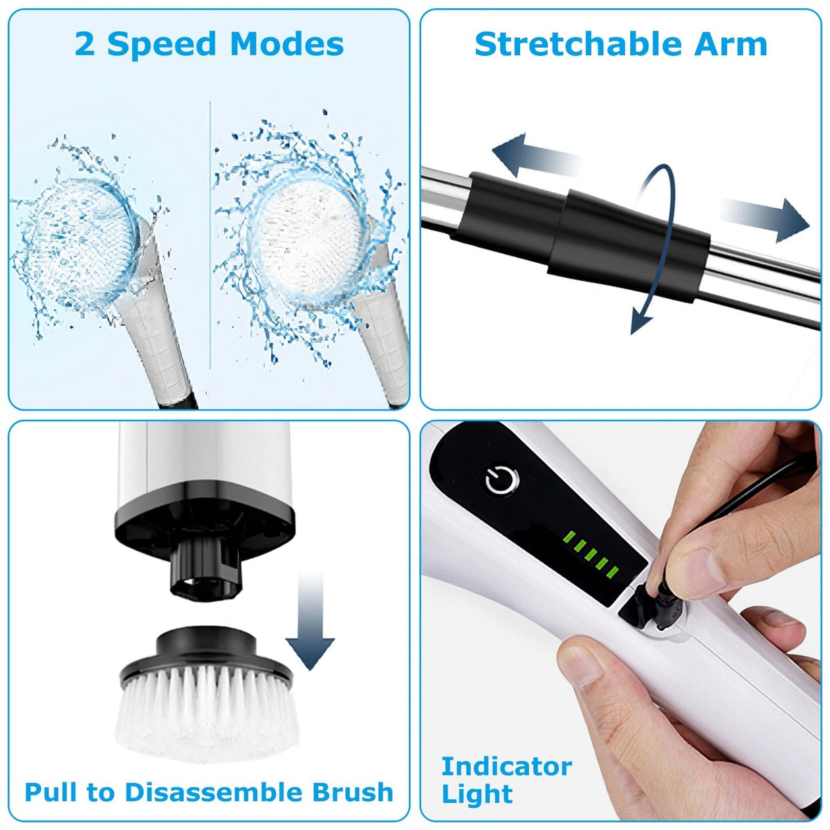 electric spin scrubber with long handle showing 2 speed modes, stretchable arm, interchangeable brush heads, and battery indicator light