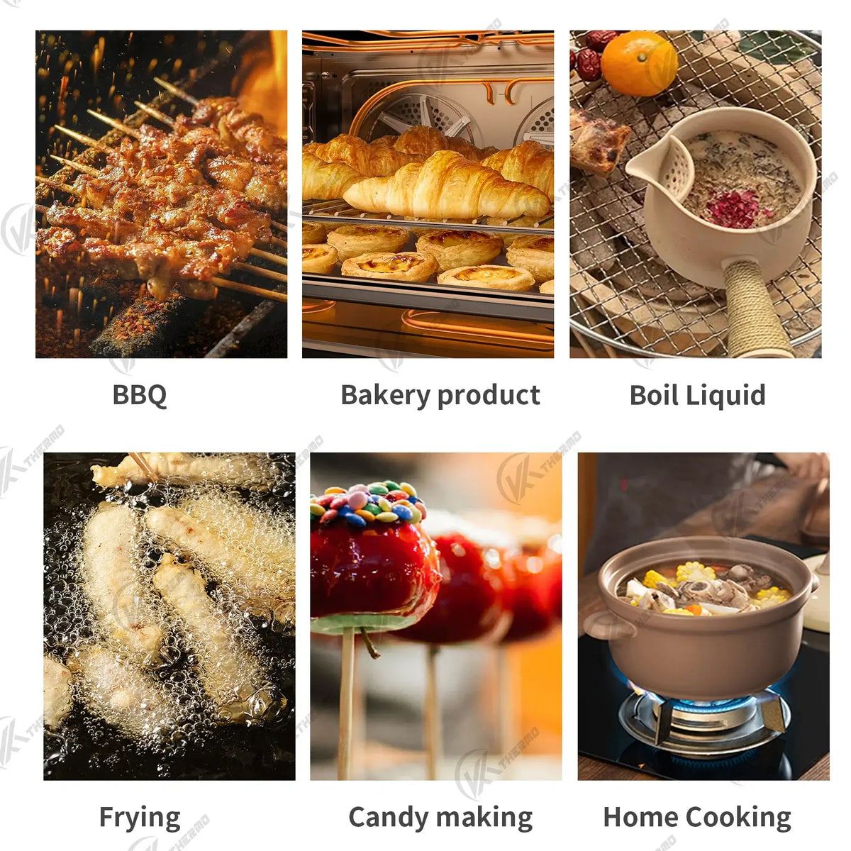 Collage of delicious cooking categories: BBQ, bakery products, boiling liquids, frying, candy making, and home cooking.