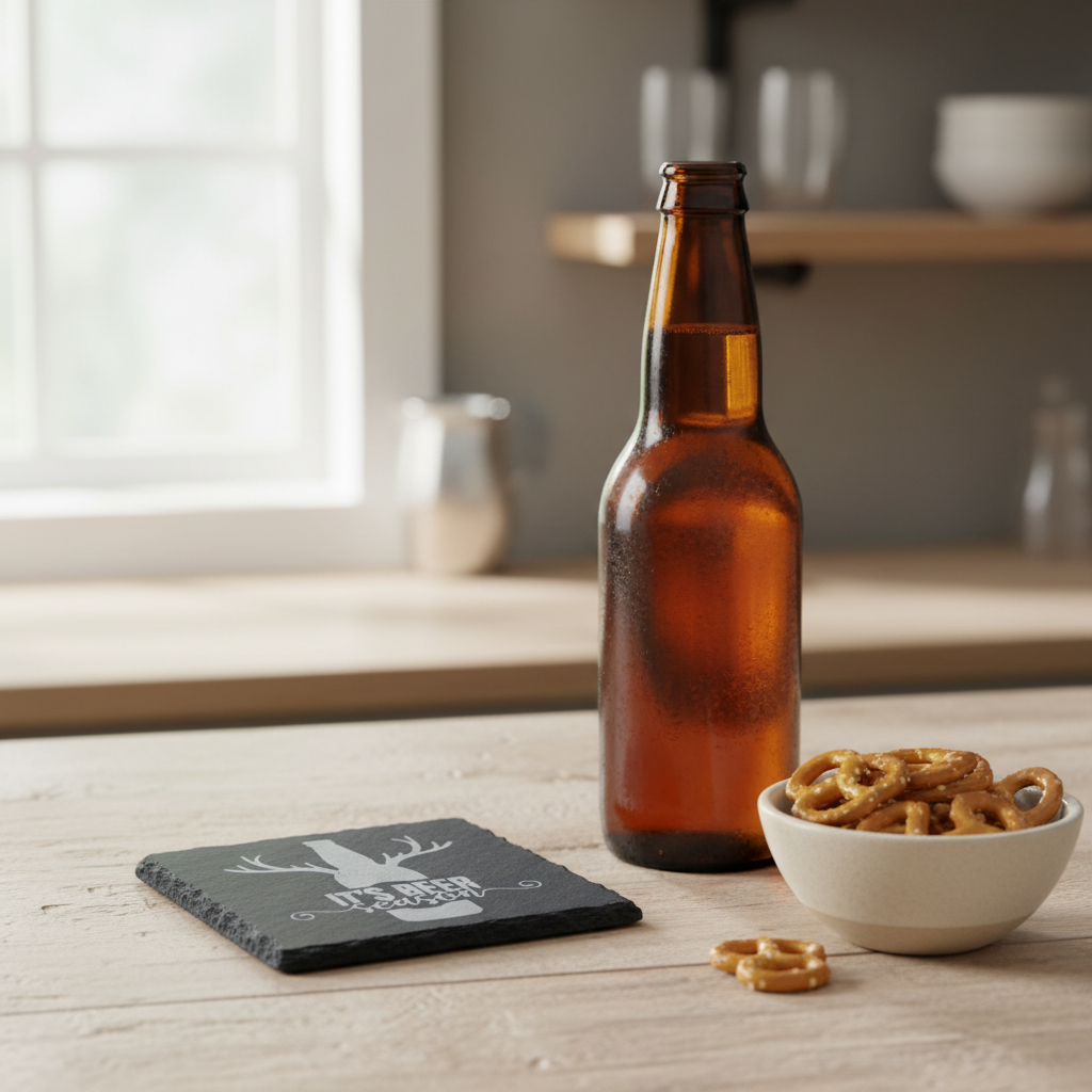 Beer Season coaster in a casual home bar