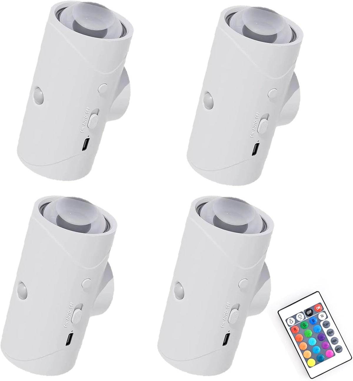 Rechargeable motion sensor night light with magnetic base, warm and color modes, shown in set of four with remote control