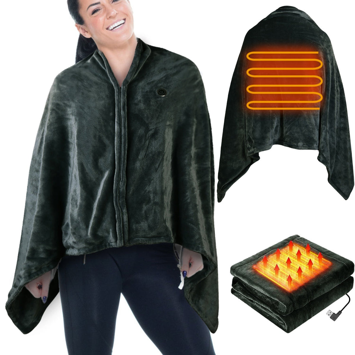 USB heated wearable blanket wrap with zipper, shown worn as poncho and displaying heating elements