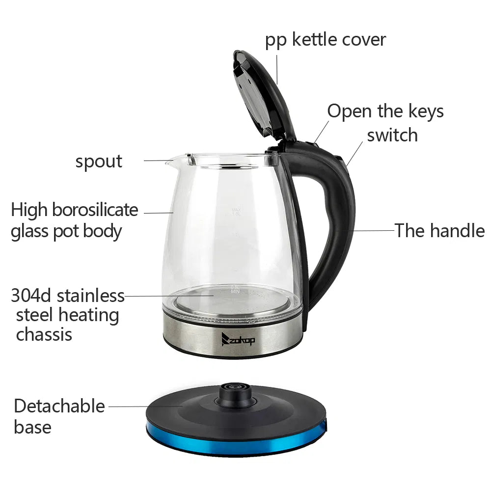 Electric kettle parts diagram: lid, spout, glass body, steel base