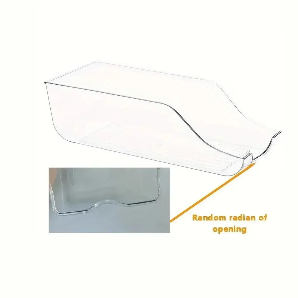 Clear can dispenser refrigerator organizer bins with sloped design for easy access.