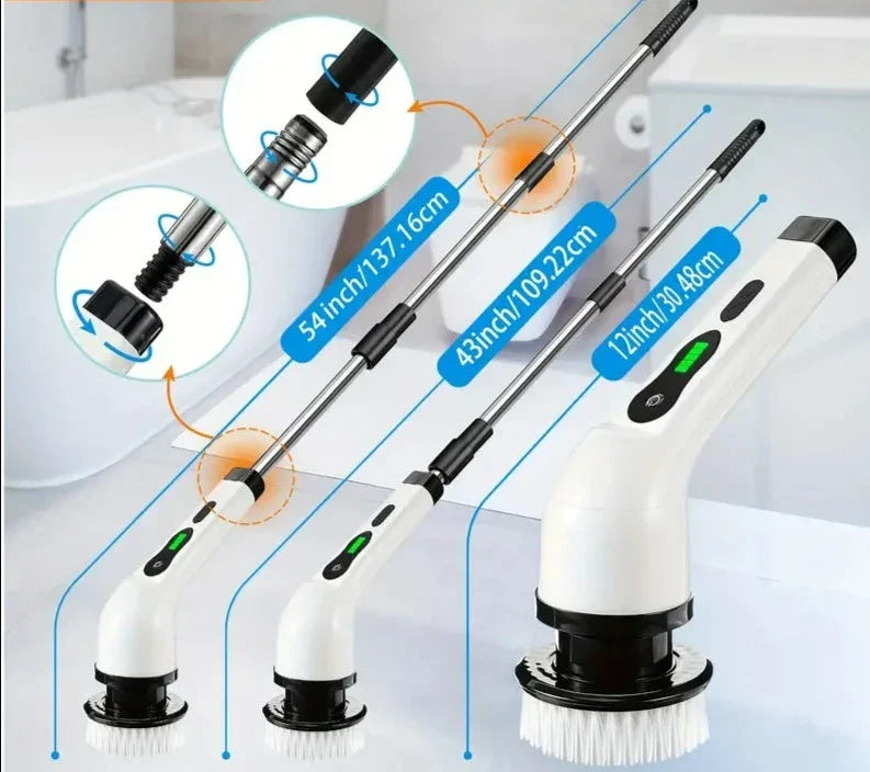 Cordless electric rotary cleaning brush with replaceable heads for bathrooms, kitchens, and floors.