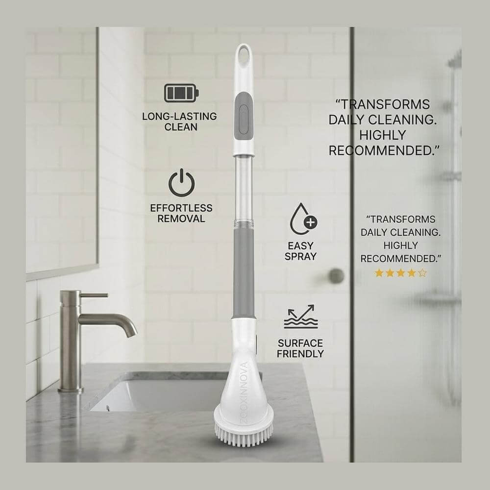 Cordless electric spin scrubber with extendable handle for effortless cleaning in hard-to-reach areas.