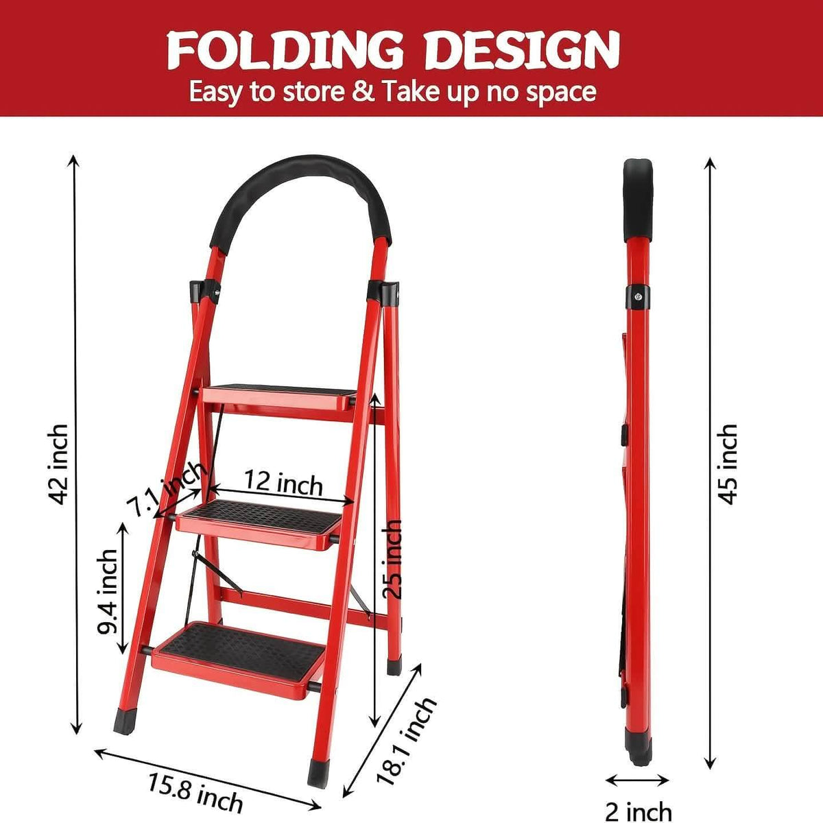 Red folding steel step ladder with handrail, 3-step design, 42 inches tall, featuring anti-slip steps and safety lock