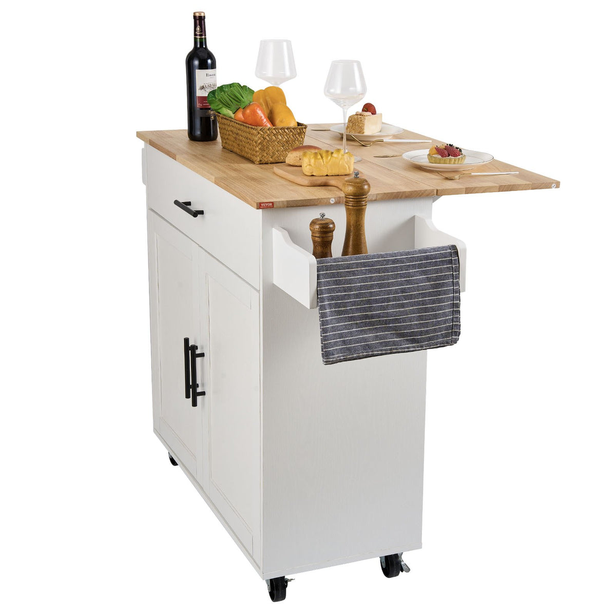 rolling kitchen island with drop leaf featuring white base, wood top, storage drawer and wheels