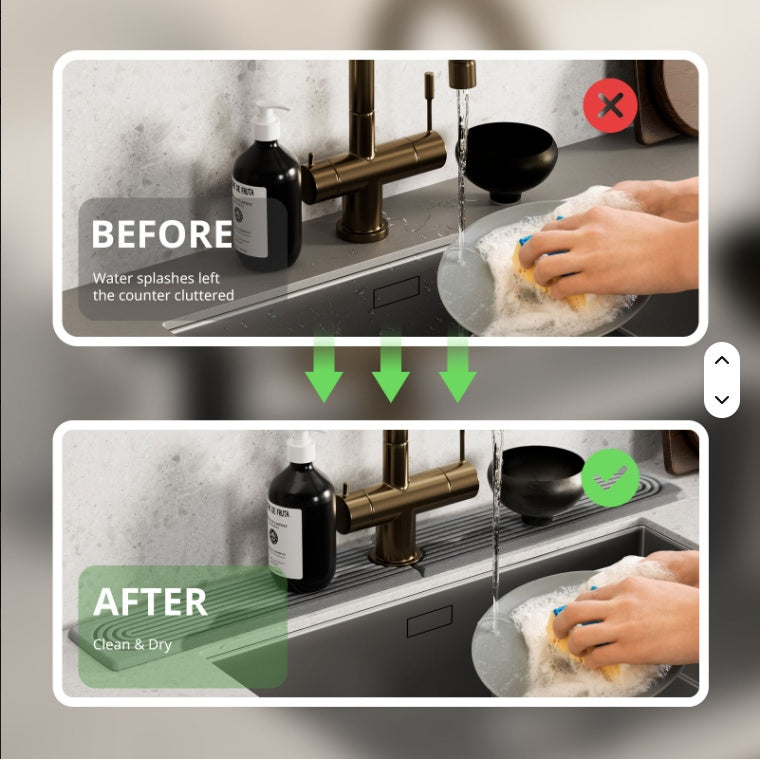 quick-dry stone sink tray before and after comparison showing water absorption on bathroom counter
