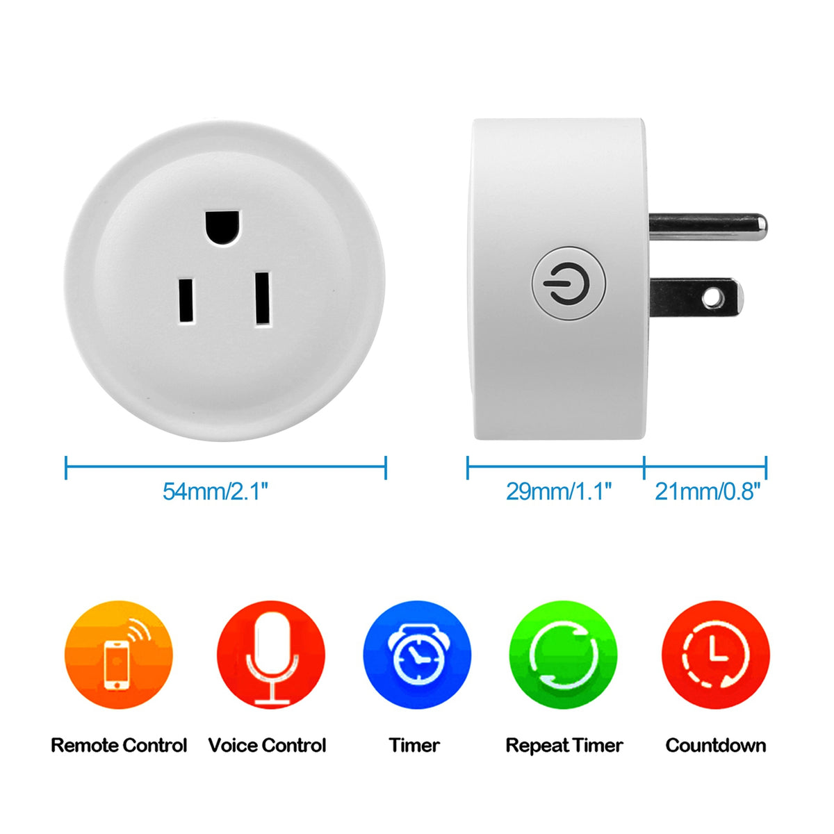 Smart plug size 2.1 x 1.1 inches with app features