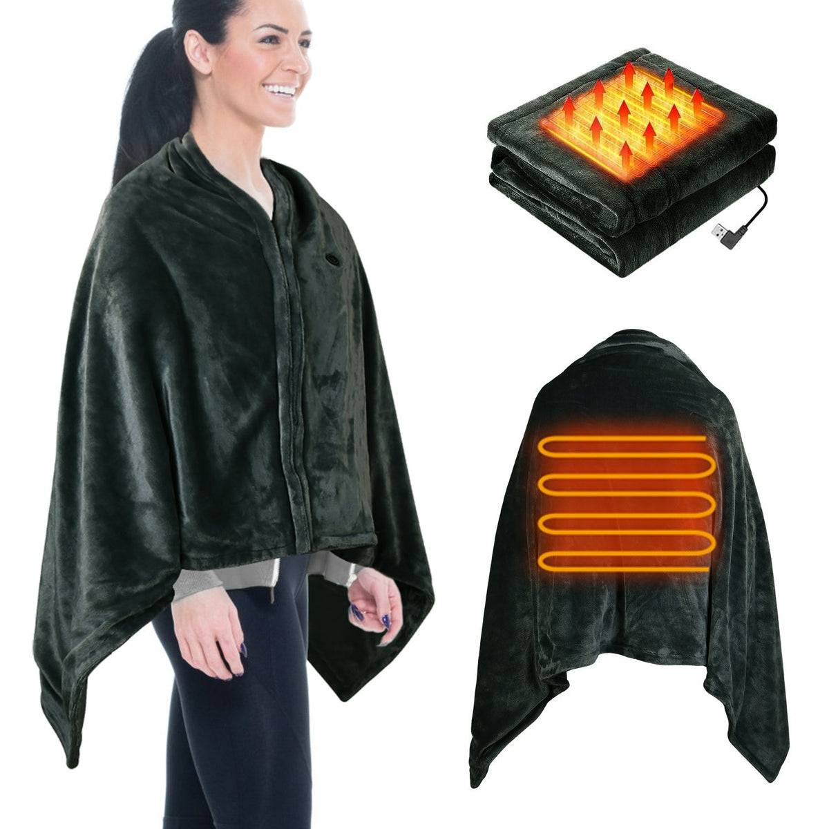 USB heated wearable blanket wrap with 3 heat settings, shown worn as shawl and close-up of heating elements