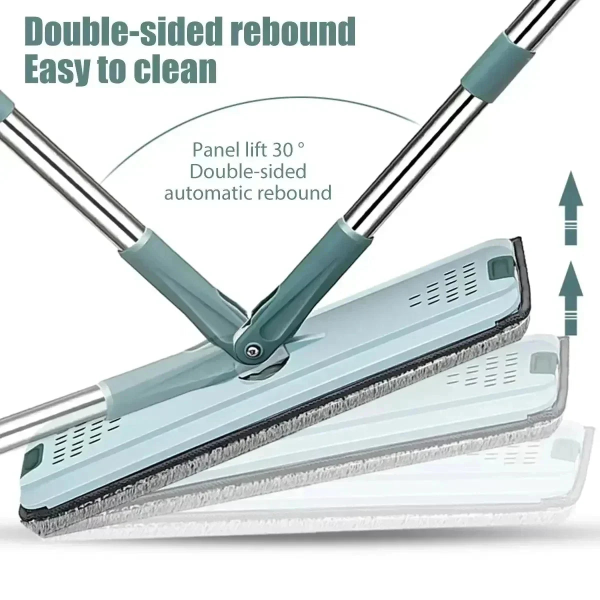 Flat squeeze mop with a 360-degree swivel head and hands-free wringing bucket.