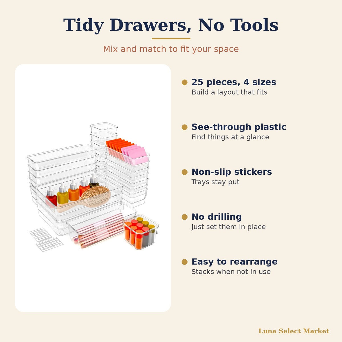 25-piece clear drawer organizer set with 4 sizes, non-slip stickers, and see-through plastic trays