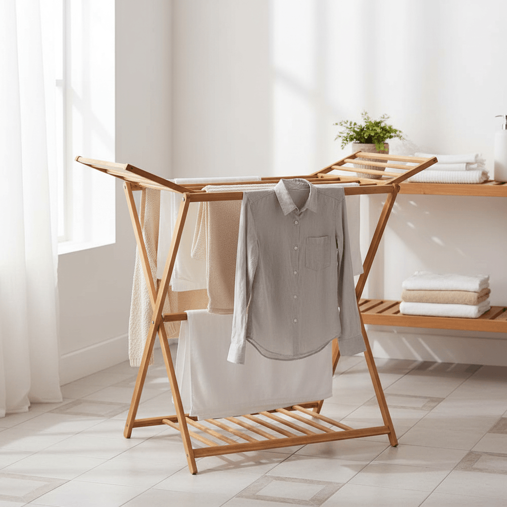 Bamboo drying rack set up in a laundry room for air-drying clothes.