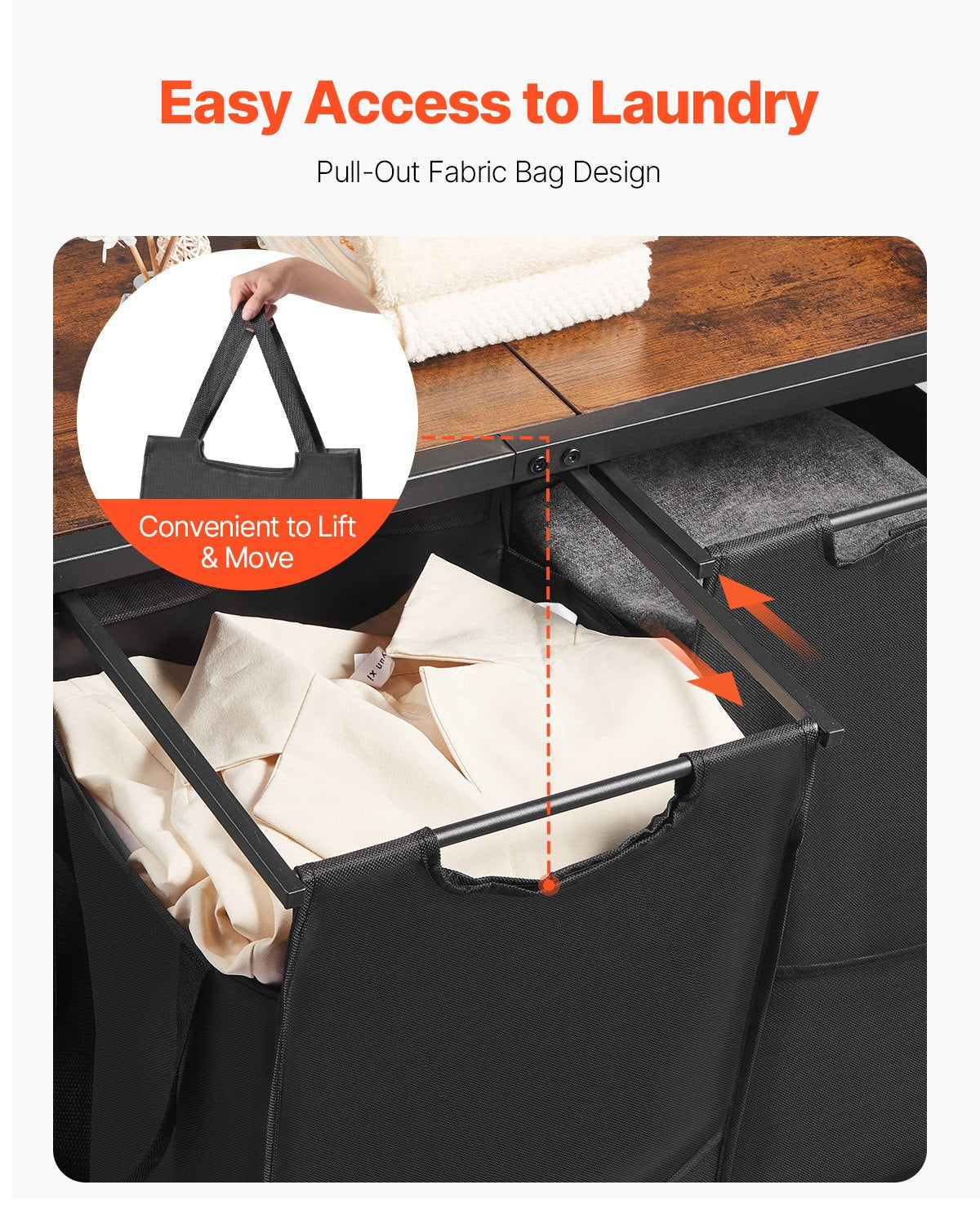 laundry sorter with hanging rod featuring pull-out fabric bags and lift handles for easy access and movement
