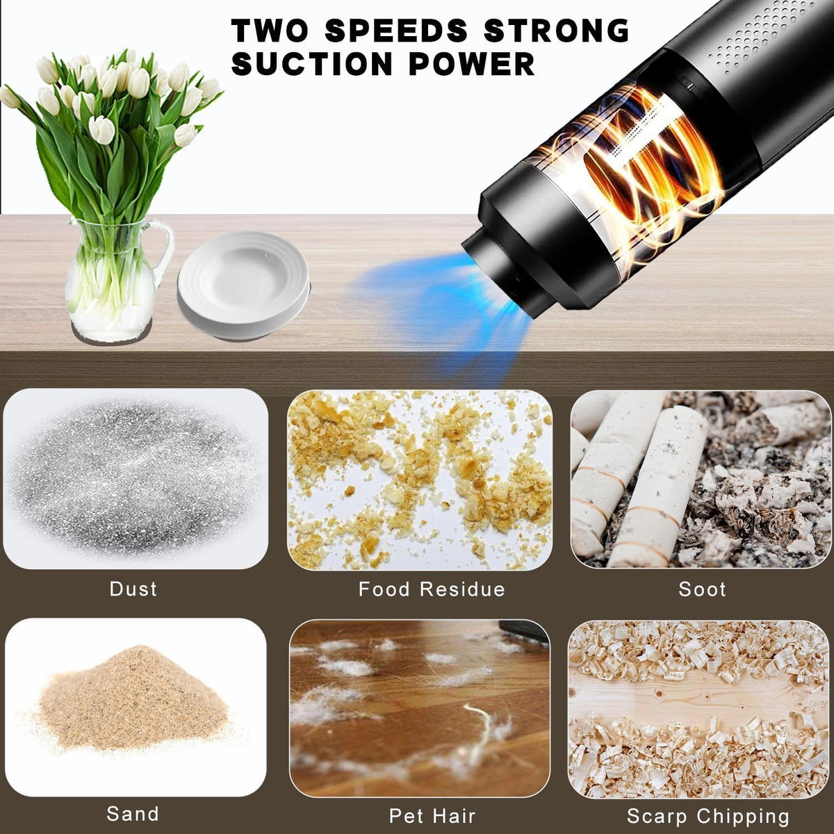 cordless handheld vacuum with USB-C charging demonstrating two speeds strong suction power for dust, food residue, pet hair and more