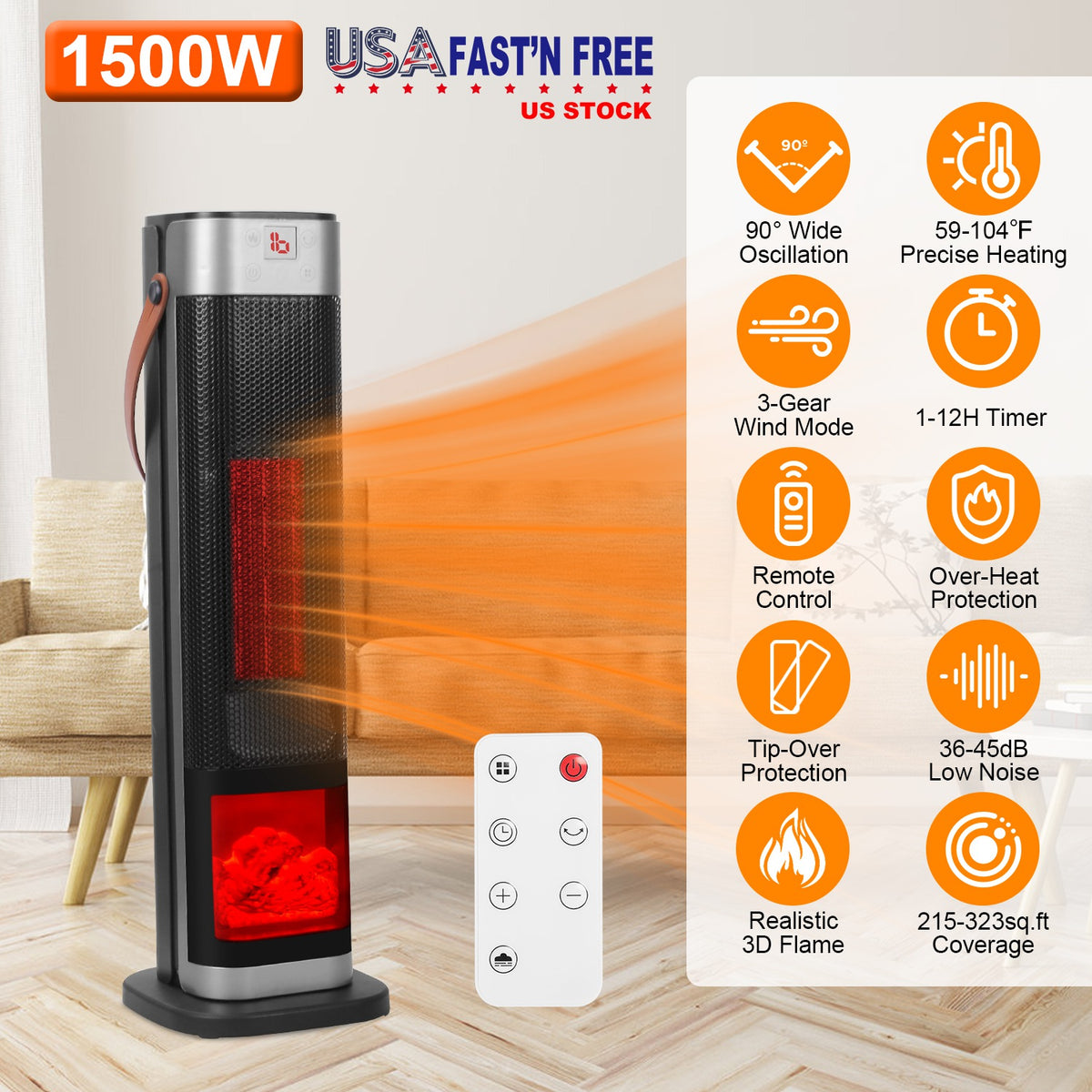 1500W ceramic tower heater with remote control featuring 90° oscillation, flame effect, and timer