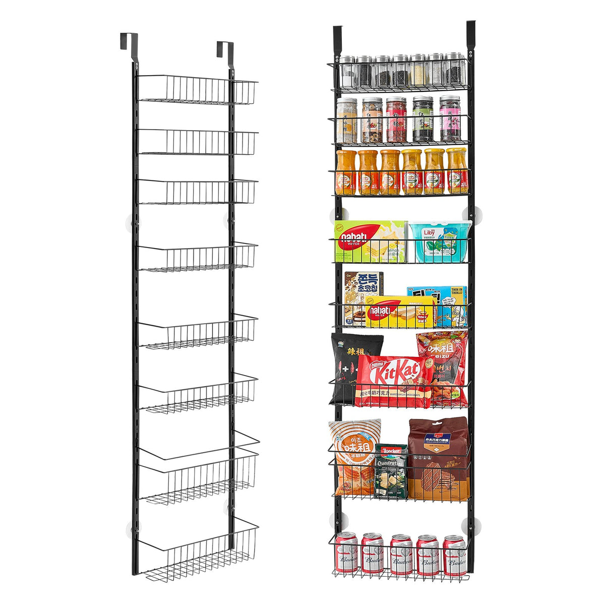8-tier over-the-door pantry organizer with adjustable baskets holding spices, jars, and snacks