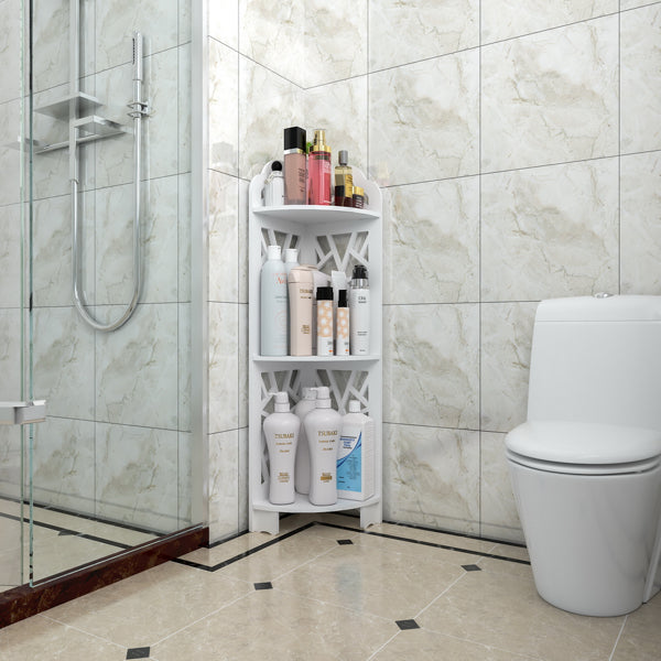 White waterproof corner bathroom shelf with 3 tiers storing toiletries and bottles in corner near toilet