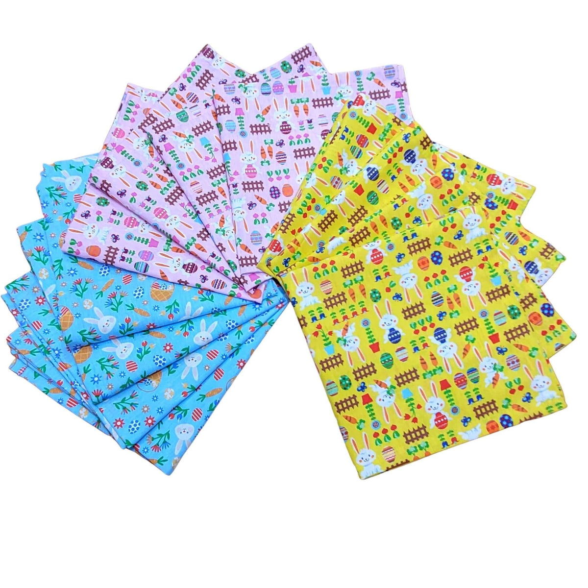 Set of soft cotton napkins with an Easter bunny motif for spring tables, machine washable and reusable.