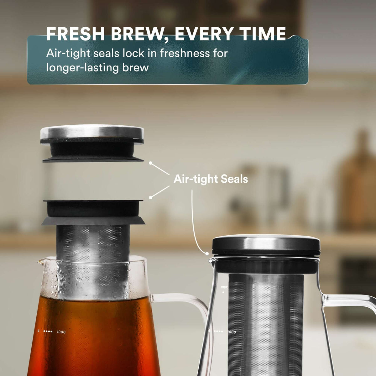 Easy cold brew coffee maker with air-tight seals for freshness and longer-lasting cold brew.