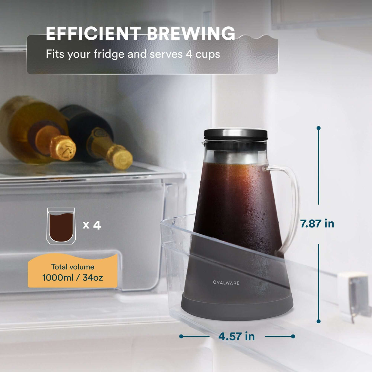 Easy cold brew coffee maker fitting in fridge and serving 4 cups of cold brew coffee.