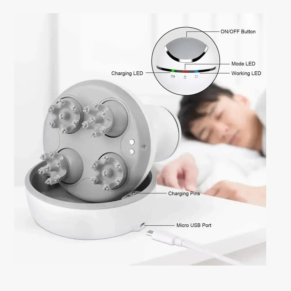 Waterproof electric scalp massager showing charging port and modes for easy use.