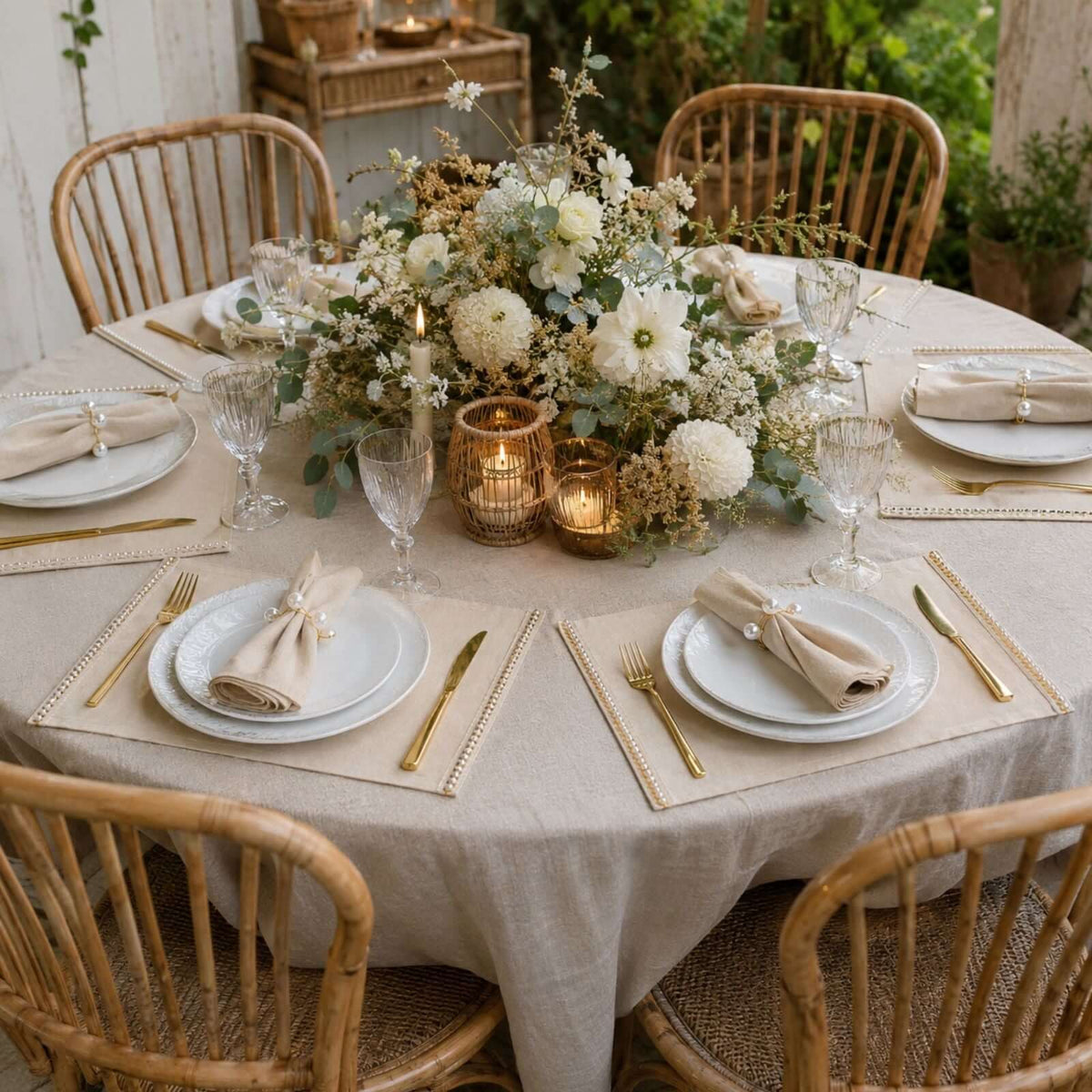 Set of four hand-embroidered organic cotton placemats with a pearl detail.